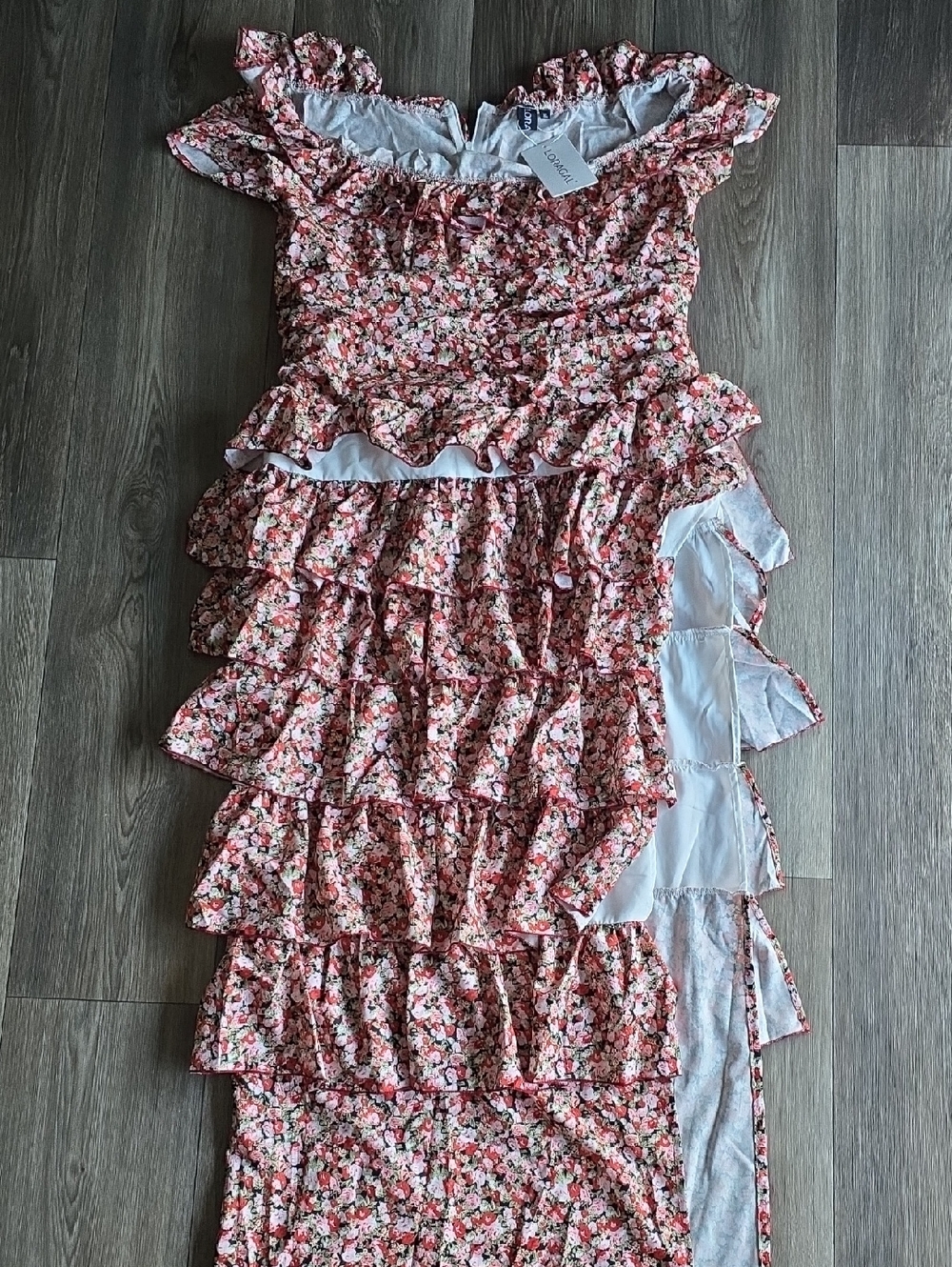 Smocked Ruffle Floral Maxi Dress in Pink by Unknown Brand